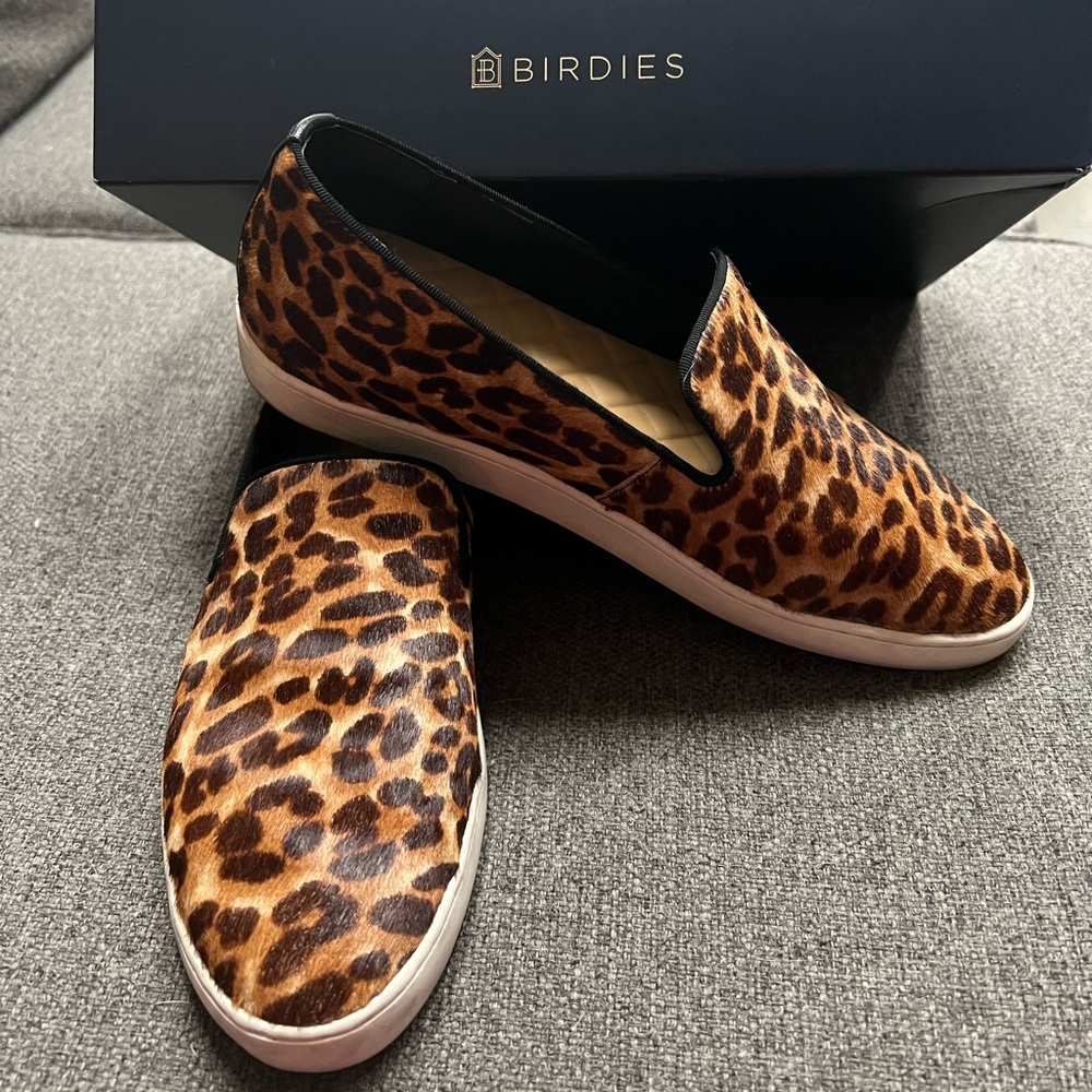 Birdies “The Swift” Flat Leopard Print Calf Hair Leather Slip on Sneakers sz 8.5